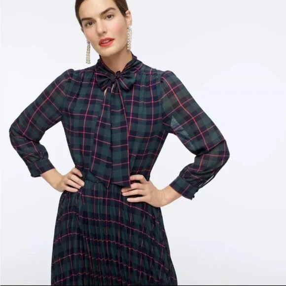 J. Crew Tie-neck Pleated A-line Dress in Black Watch Tartan - Picture 9 of 12